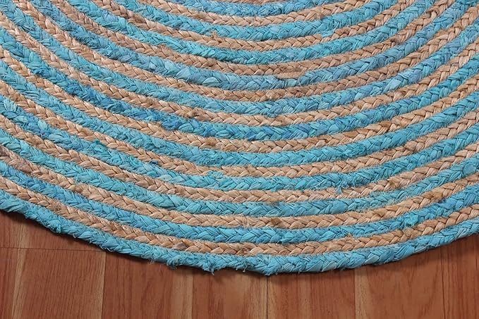 Circle Area Rug - 3 Ft' Round Blue Natural Chindi Cotton Jute Mat Geometric Kilim Rug Indoor Outdoor Use Flatweave Rugs for Bedroom Bedside Round Dining Table Mat Hall & Kitchen