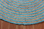 Circle Area Rug - 3 Ft' Round Blue Natural Chindi Cotton Jute Mat Geometric Kilim Rug Indoor Outdoor Use Flatweave Rugs for Bedroom Bedside Round Dining Table Mat Hall & Kitchen