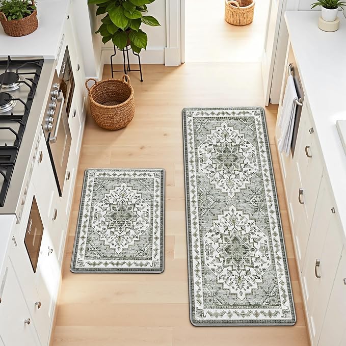 Boho Kitchen Mats for Floor 2 Piece Set Anti Fatigue Cushioned PVC Kitchen Rugs Non Slip Waterproof Farmhouse Mats 2/5 Inch Comfort Standing Mat for Laundry, 17.3"x47"+17.3"x28", Green-Tinted Grey