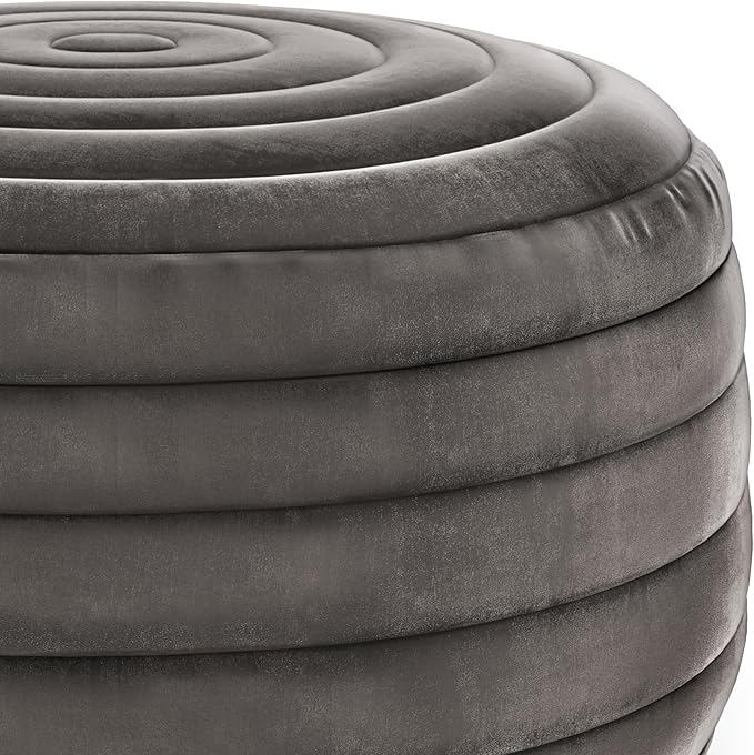 SIMPLIHOME Vivienne Boho Round Pouf in Grey Velvet Fabric for the Living Room, Bedroom and Kids Room
