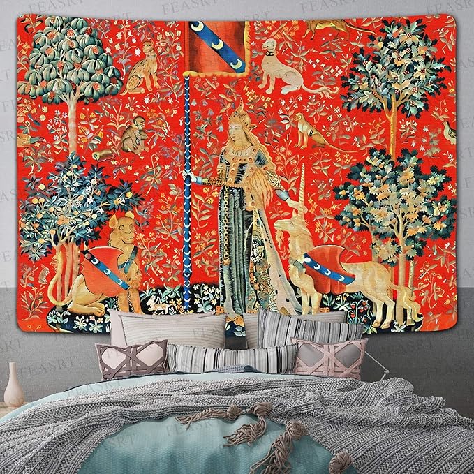 FEASRT European Royal Tapestry - Medieval Lady and Unicorn Wall Hanging - 80x60 Inches - Living Room & Dorm Decor