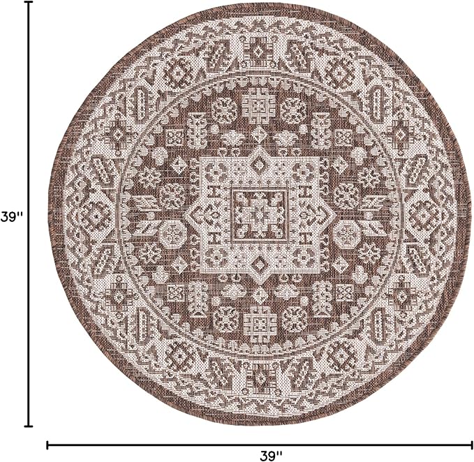 Rugs.com Outdoor Aztec Collection Rug – 3 Ft Round Brown Flatweave Rug Perfect for Kitchens, Dining Rooms