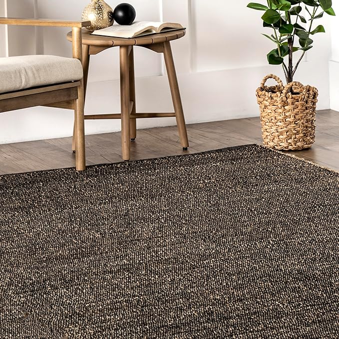 Nuloom Elfriede Handmade, Charcoal, 6' Square, Solid, Rustic, Jute, Soft and Textured, High Traffic, Stain Resistant, Easy Clean, Durable Area Rug for Bedroom, Living Room, Dining, Den, Foyer
