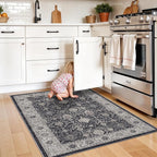 Washable 3x4 Entryway Area Rugs: Ultra Soft Low Pile Carpet for Kitchen Nursery Indoor Light-Weight Doormat Anti-Slip Thin Entry Rug for Living Room Bedroom Small Vintage Floor Mat(3x4,Black)