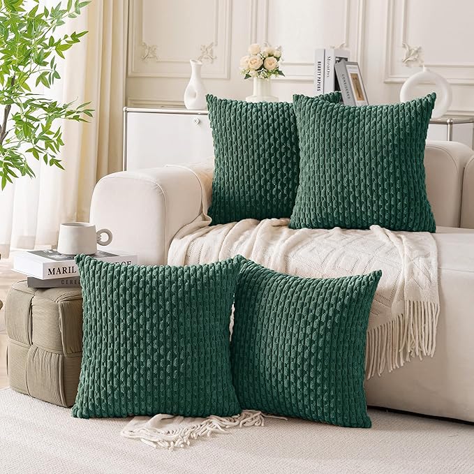Set of 4 Dark Green Decorative Throw Pillow Covers 20x20 Inch Corduroy Pillow Covers for Bed Couch Sofa Living Room Soft Square Cushion Cases