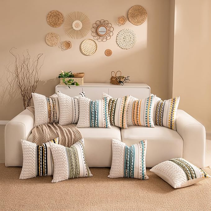 Fall Boho Chenille Tufted Couch Throw Pillow Covers 18x18 Inch Set of 2 Farmhouse Striped Decorative Pillow Covers Accent Neutral Pillowcase Yellow Teal Cushion Cover for Living Room Sofa Bed