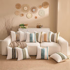 Boho Chenille Tufted Couch Throw Pillow Covers 18x18 Inch Set of 2 Farmhouse Striped Decorative Pillow Covers Accent Neutral Pillowcase Teal Cushion Cover for Living Room Sofa Bed