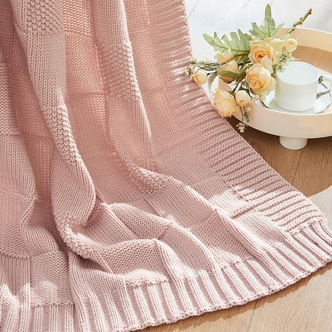 CozeCube Check Knit Throw Blanket, Pink Checkered Throw for Couch, Decorative Christmas Soft Cozy Warm Knitted Blanket for Bed Sofa Living Room, 60"X80"