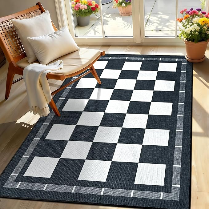 Vasofe Plaid 3x5 Outdoor Patio Rug,Checkered Jute Entryway Rugs, Washable Black and White Indoor Bedroom, Farmhouse Neutral Front Door Mat,Modern Carpet for Porch Patio Balcony Kitchen