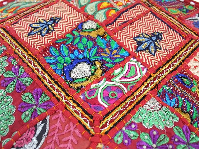 Mam Treasures Indian Bohemian Decorative Pillow Vintage Cushion Cover Patchwork Square Floor Pillow Cover Meditation Cushion Large Floor Pillow Indian Cushion (Red, 18 X 18 X 5 Inch)