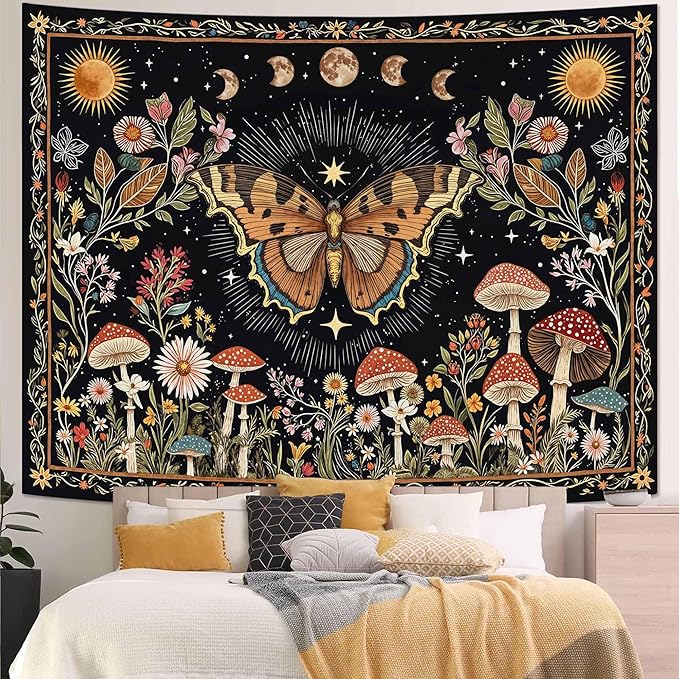 Accnicc Boho Butterfly Tapestry Mushroom Sun and Moon Hippie Wall Tapestry for Bedroom Aesthetic Vintage Floral Plant Small Tapestries Wall Hanging for Dorm Living Room Decor 48 x 36 Inch