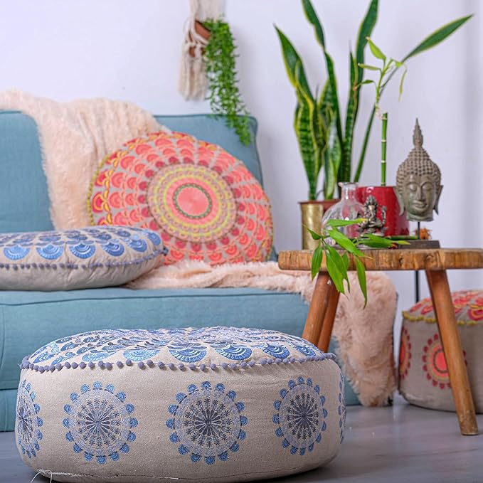 Large Round Floor Pillow Cover Blue Indian Décorative Accent Meditation Cushion Perfect for Living Room, Bedroom, Nursary or Children Room Seating Area Stool Footstool Pouf Ottoman 24x8 Unstuffed