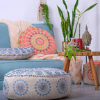 Large Round Floor Pillow Cover Blue Indian Décorative Accent Meditation Cushion Perfect for Living Room, Bedroom, Nursary or Children Room Seating Area Stool Footstool Pouf Ottoman 24x8 Unstuffed