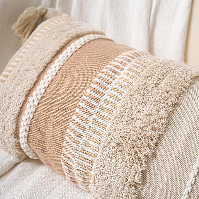 BlissBlush Decorative Lumbar Pillow Cover 14x36 for Bed, Neutral Cream Boho Long Accent Pillow with Tassels, Beige Rectangular Cushion for Couch Sofa Bench Bedroom (Cover Only)