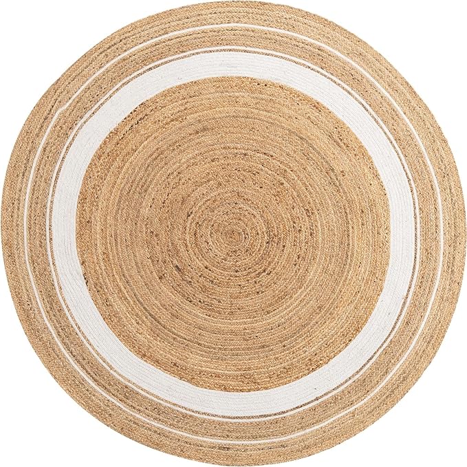 Unique Loom Braided Jute Collection Classic Quality Made Natural Hand Woven with Coastal Design Area Rug (8' 0 x 8' 0 Round, Natural/ Ivory)
