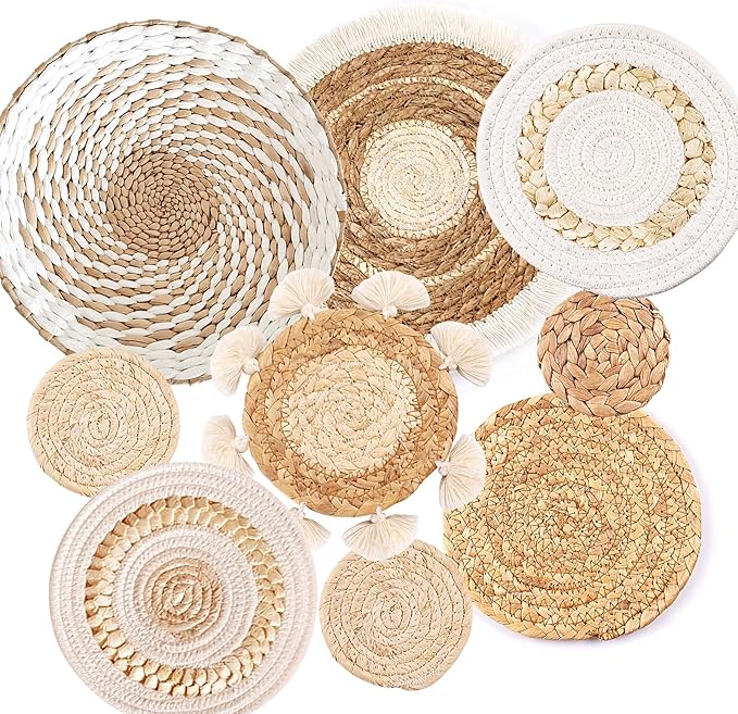9 Pack Boho Wall Basket Set, hanging Woven Wall Basket Decor, Seagrass Rattan Wicker Boho Wall Decor, Eco-Friendly Round Art for Farmhouse Bedroom Living Room Display Table Settings Kitchen Home