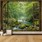 Accnicc Window Forest Tapestry Green Nature Jungle Wall Tapestry for Bedroom Aesthetic Rainforest Stream Outdoor Landscape Large Tapestries Wall Hanging for Dorm Living Room Decor 80 x 60 Inch