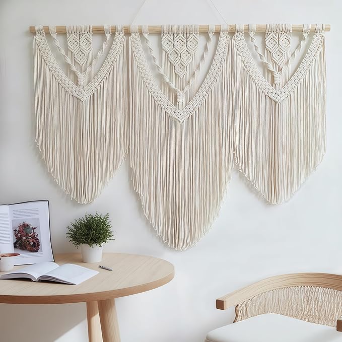 oiikain Large Handmade Boho Macrame Wall Hanging Tapestry - Chic Bohemian Woven Home Decor art for Living Room, Bedroom, and Wedding Parties (Beige, twelve rhombus)