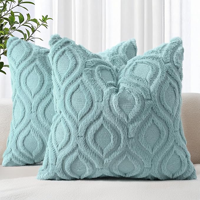 decorUhome Cozy Textured Euro Sham Throw Pillow Covers 22x22 Inch Set of 2, Soft Plush Faux Wool Aqua Accent Couch Pillow Covers for Modern Farmhouse Sofa Bed Living Room