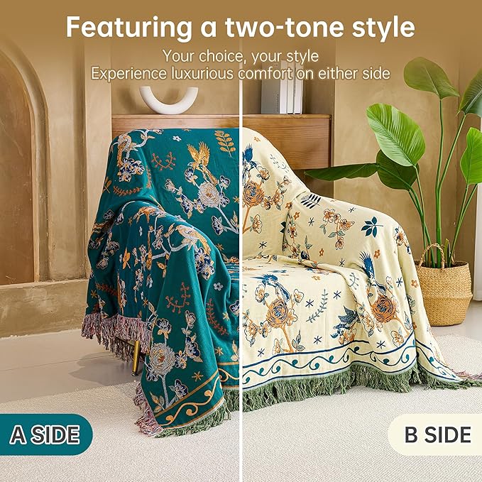 Boho 100% Cotton Large Throw Blanket - All Season Rustic Ultra Soft Breathable Floral Bird Blanket for Bed Sofa Couch Chair Bedspread Quilt Gift, 80" x 90"-Teal/Beige