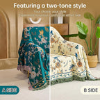 Boho 100% Cotton Large Throw Blanket - All Season Rustic Ultra Soft Breathable Floral Bird Blanket for Bed Sofa Couch Chair Bedspread Quilt Gift, 80" x 90"-Teal/Beige