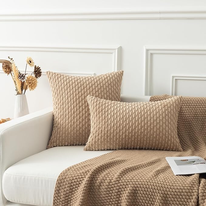 Kevin Textile 12x24 Inch Pillow Cover 1 Pack Boho Decorative Soft Striped Corduroy Lumbar Farmhouse Solid Color Accent Rectangle Cushion Case for Living Room Couch Sofa Bed, Tan