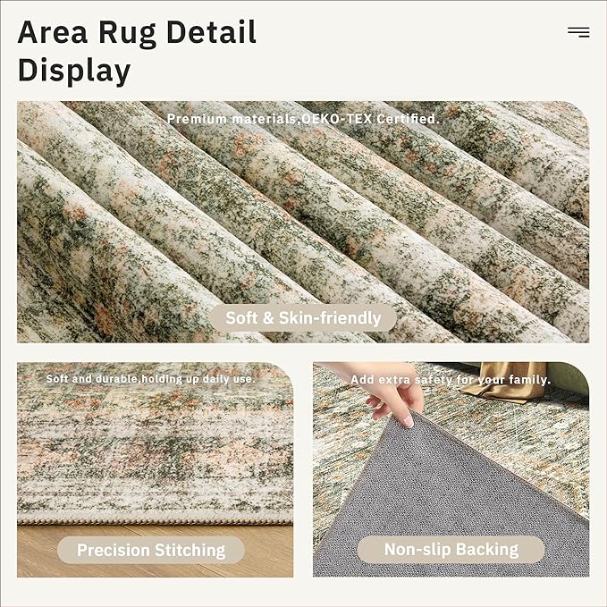 Washable Area Rug 8x10, Large Soft Rugs for Living Room Vintage 8x10 Area Rugs for Bedroom Dining Room Non-Slip Stain Resistant Under Table Green Orange Rug