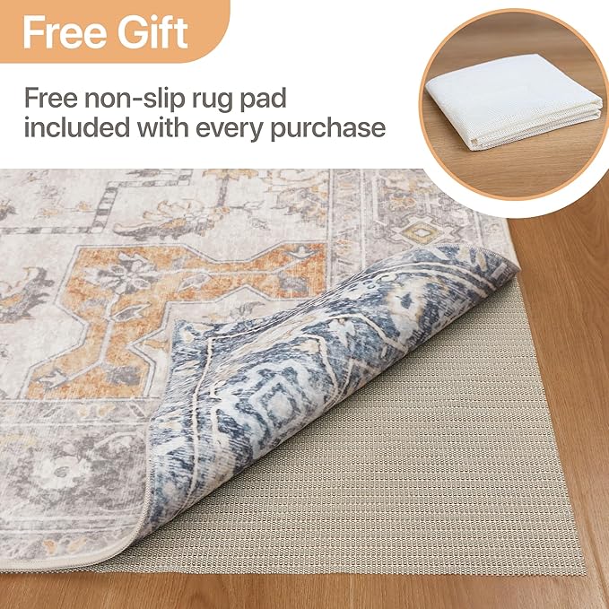 GENIMO 2.5x6 Reversible Runner Rugs for Hallway, Machine Washable Non Slip Vintage Rugs with Pad, Low Pile Lightweight Soft Print Rug for enrtyway, Corridor, Home, Office, Kitchen, Taupe & Blue