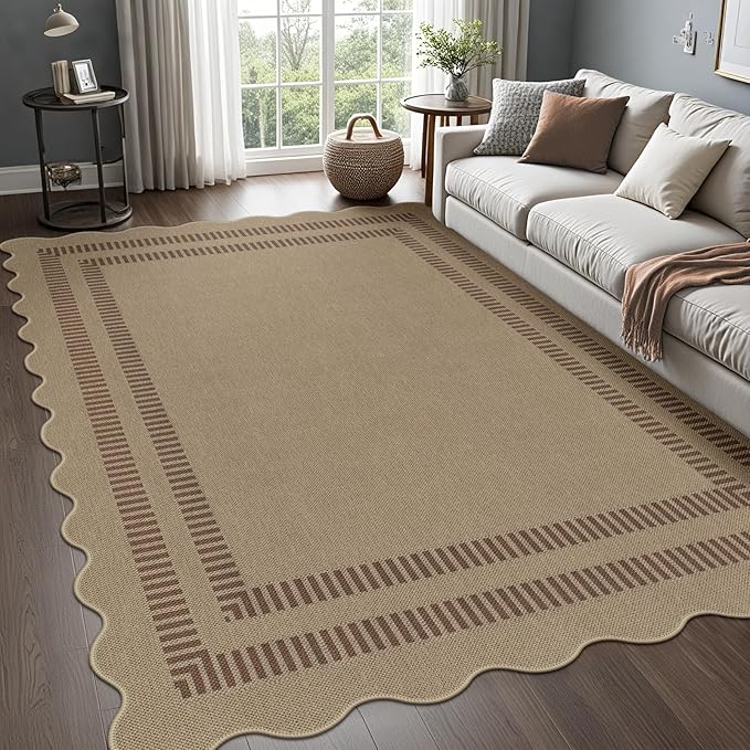 Scalloped 5x7 Rug for Living Room, Easy Jute Washable Outdoor Patio Carpet, Farmhouse Indoor Brown Geometric Rug Neutral Non Slip Carpet for Living Room Backyard
