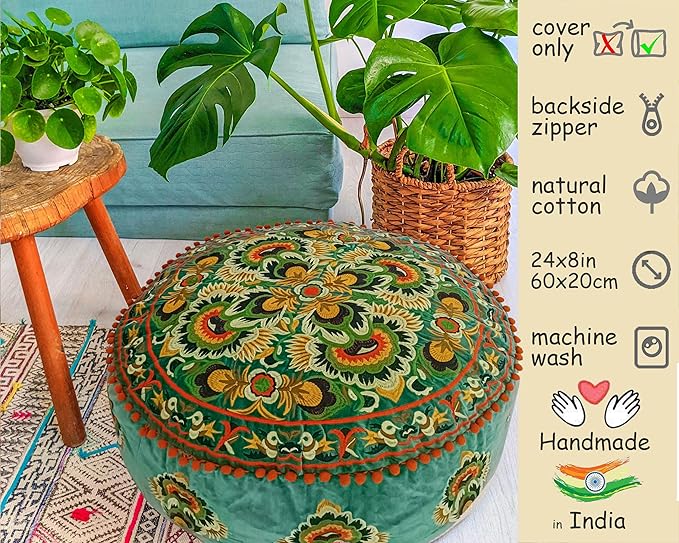 Mandala Life ART Green Round Velvet Pouf Cover - Soft Embroidered Ottoman Slipcover with Moroccan Design, 24 Inch Diameter, Ideal for Living Room, Bedroom, or Meditation Space - Floow Pillow Cushion