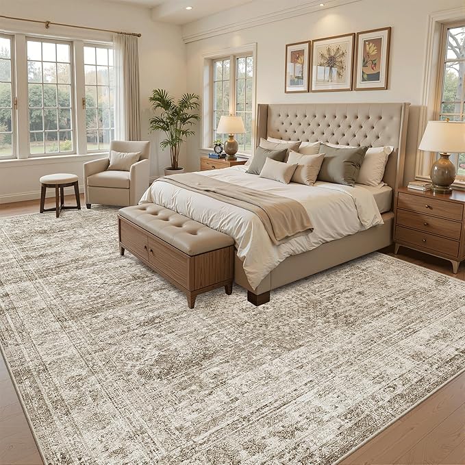 Washable Area Rug 8x12, Large Soft Rugs for Living Room Vintage Brown Carpet 8x12 Area Rugs for Bedroom Dining Room Non-Slip Stain Resistant Under Table Rug