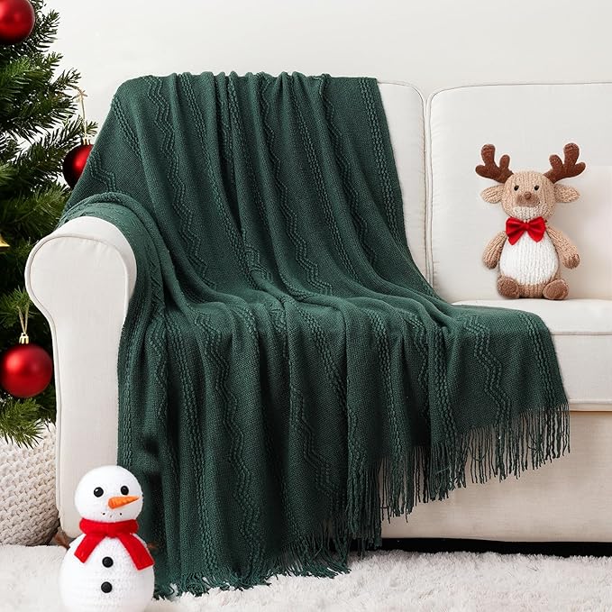 BATTILO HOME Christmas Décor Green Throw Blanket with Fringe, Geometric Bed Throws Dark Green Throws Decorative Throw Blanket for Couch, 50"x60"