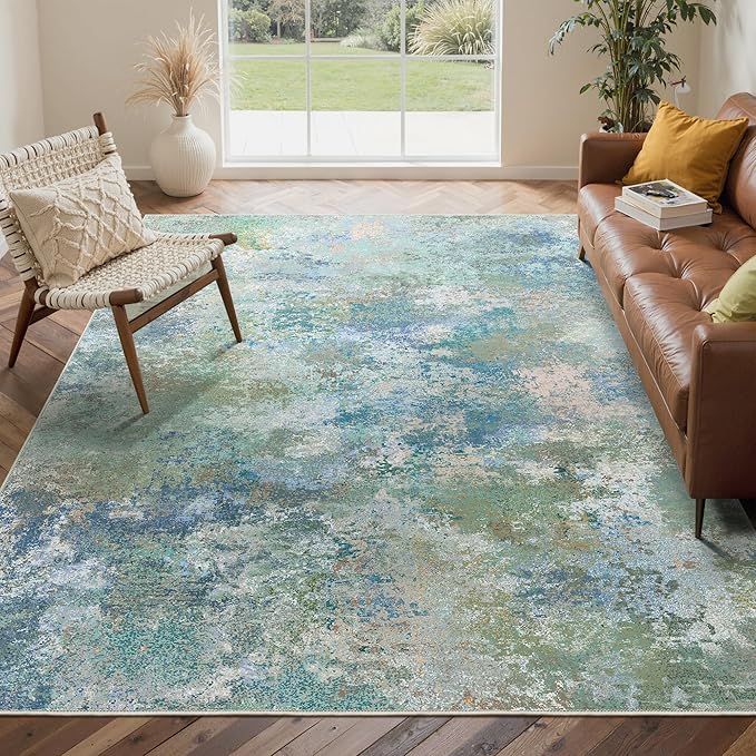 GENIMO Washable Rugs 5x7 Area Rugs for Living Room Bedroom, Modern Lightweight Rug Ultra Soft Indoor Area Rugs 5x7 for Dining Room, Low Pile Carpet with Non Slip Backing, Blue Green