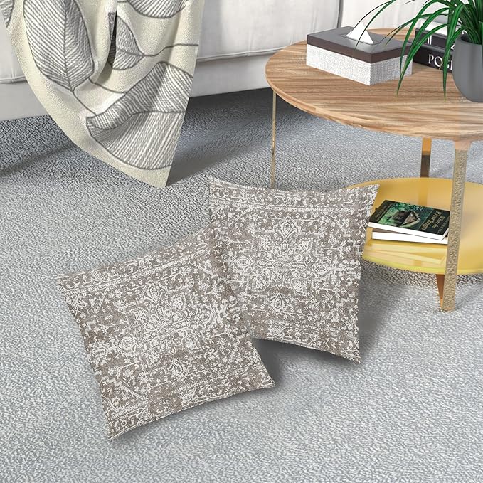 Taupe Gray Ethnic Boho Throw Pillow Covers 24x24 Inch Decorative Square Bohemian Carpet Pattern Vintage Pillow Cases Grey Floral Cushion Covers Farmhouse Home Decor For Sofa Couch Outdoor Set of 2