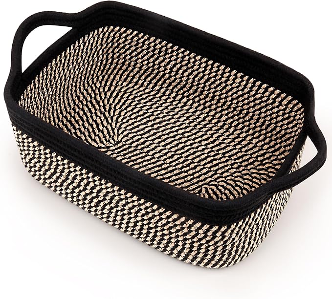 Gift Basket Empty with Handles, 12x8x5 inch - Small Woven Basket for Baby Nursery, Toys, Towels, Wedding, Birthday Gifting - With Gift Bag & Ribbon (Black Brown, 1PC)