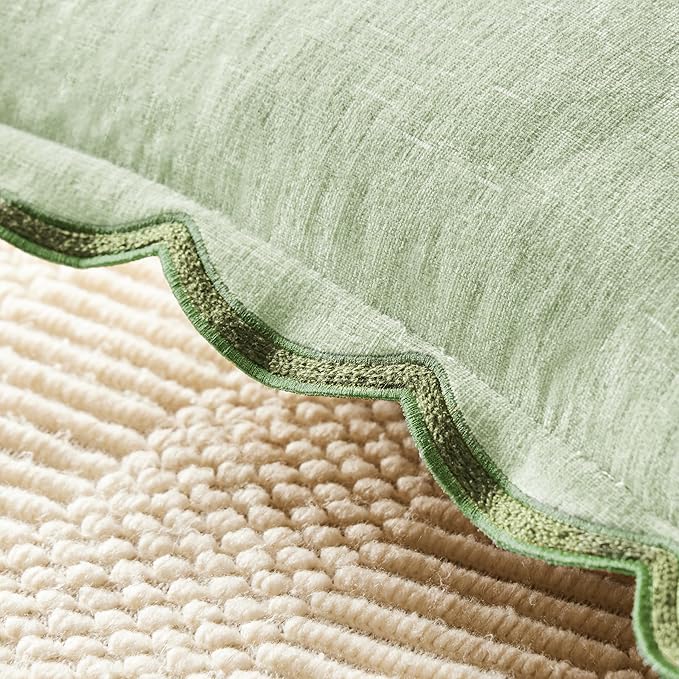 Light Green Scalloped Pillow Cover Pack of 2 Spring Chenille Decorative Cute Boho Couch Throw Pillow Covers 18" x 18" Aesthetic Funky Preppy Pillow Cases for Sofa Living Room