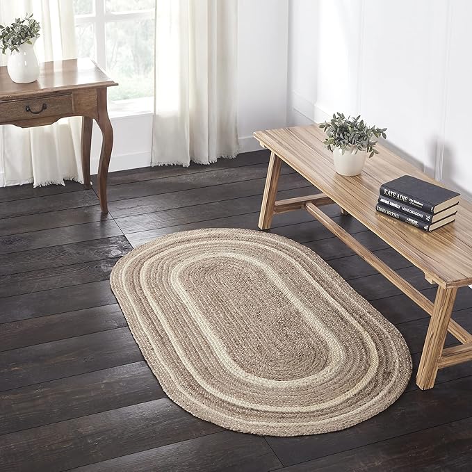 VHC Brands Jute Rug Oval with Pad, Natural and Cr