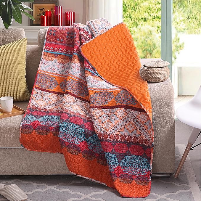 Exclusivo Mezcla 50"x 60" Quilted Throw Blanket- Microfiber Quilt Throw with Boho Striped Pattern, Reversible Red and Orange Versatile Lap Quilt for All Seasons, Lightweight Throws for Bed/Couch/Sofa