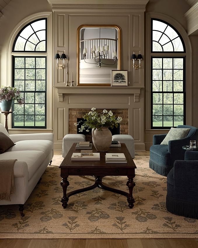 Loloi Chris Loves Julia Rue Collection RUE-04 Moss/Blue 7'-6" x 9'-6" Area Rug Jute Neutral Floral Living Room Bedroom Rug