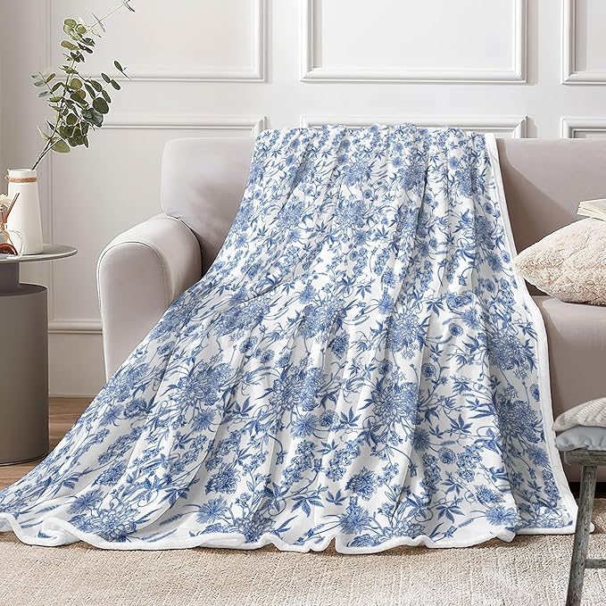 Floral Blanket Blue Floral Throw Blanket, Botanical Flowers Blankets, Soft, Flannel, Warm, Boho Flowers Bed Blankets All Season for Couch Bedroom Living Room, Blue-3 60X90 Inch