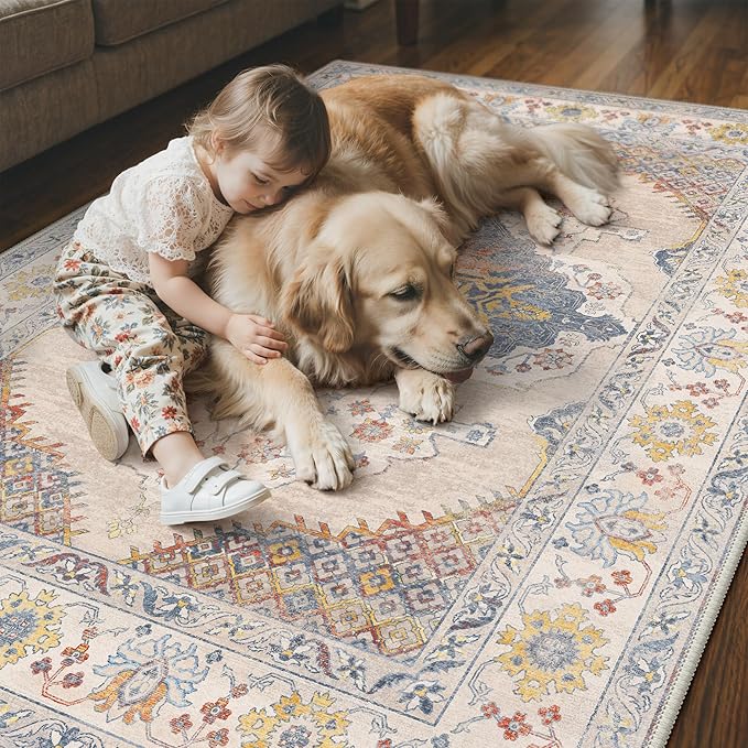 GENIMO 5x7 Area Rugs for Living Room, Machine Washable Non Slip Rugs, Low Pile Lightweight Print Rug for Bedroom, Dining Room, Home Office, Vintage Cream/Blue