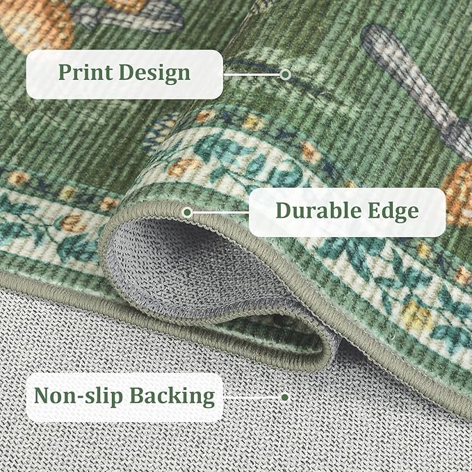 Mushroom Washable Area Rug 6x9 Rugs for Living Room Soft Low-Pile Stain Resistant Thin Carpet for Bedroom Dining Nursery Non Slip Mat with Rubber Green