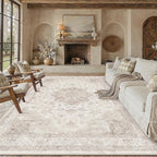 Beige Area Rug 8x10 Washable Vintage Carpet for Living Room Bedroom Large Soft Retro Low Pile Thin Indoor Rug Non Slip Oriental Medallion Floor Cover for Dining Room Office