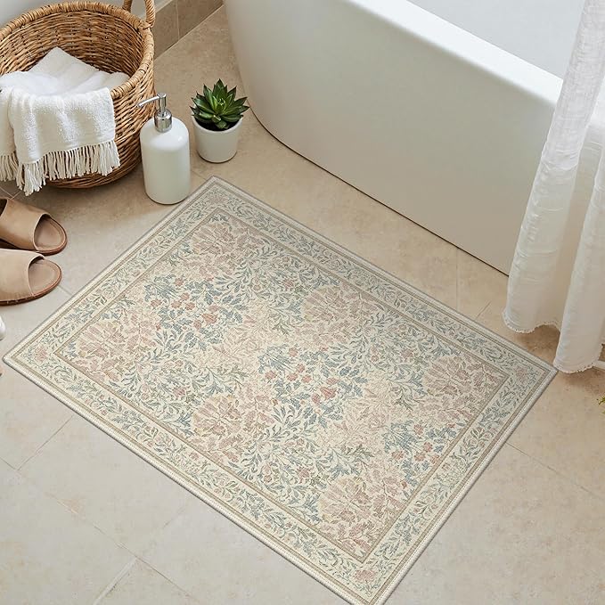 GENIMO 2x3 Washable Small Entryway Rug, Non-Slip Front Door Mat for Kitchen, Bathroom, Laundry, Vintage Boho Floral Thin Indoor Carpet, Beige Pink