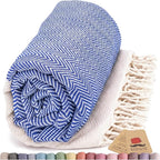 Bazaar Anatolia Turkish Beach Towel 100% Cotton Bath Towels 71x39 Quick Dry Sand Free Lightweight Large Oversized Herringbone Dark Blue