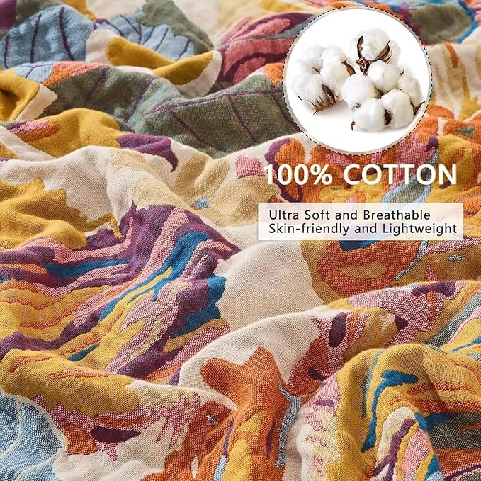 Boho Throw Blanket Farmhouse Decor Throw Blanket Bohemian Blanket for Bed 100% Cotton Muslin Woven Couch Blanket All Seasons Quilt Bedroom (Yellow, 50"x60")