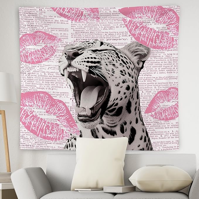 WNAGT Retro Trendy Leopard Tapestry Wall Hanging, Cheetah Leopard Room Decor, Vintage Funky Cheetah Print Lips Wall Blanket Decor for Girls Bedroom Dorm Apartment Home, 50x60 Inch(Pink)