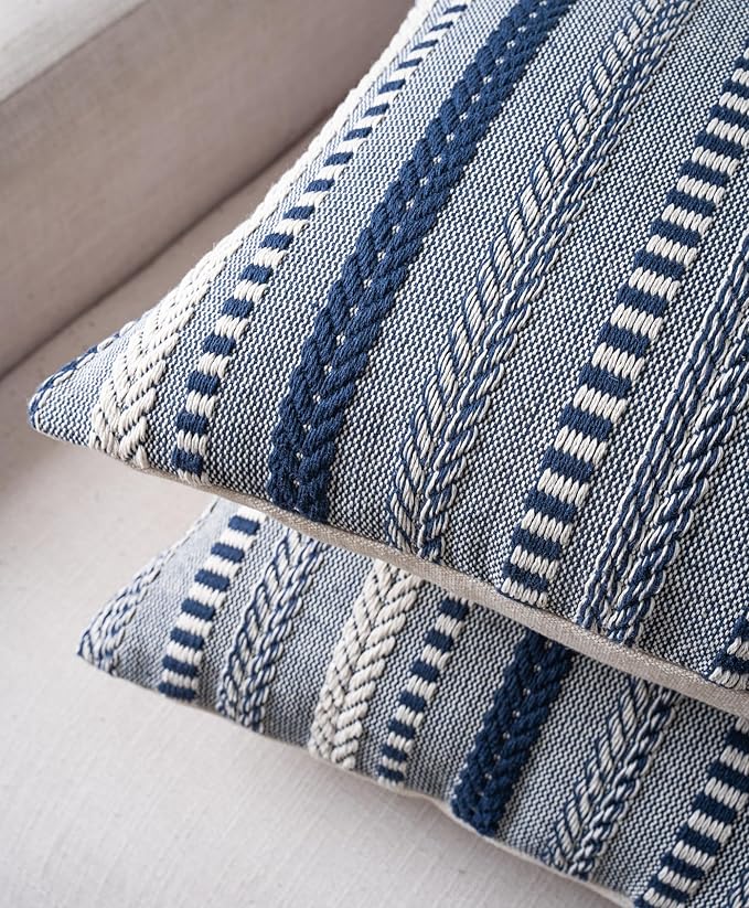 Boho Throw Pillow Covers 18x18 Inch Set of 2, Farmhouse Decorative Couch Pillow Cases, Navy Blue Accent Pillows of Bed, Sofa Bedroom Living Room Home Decor Cushion Cover
