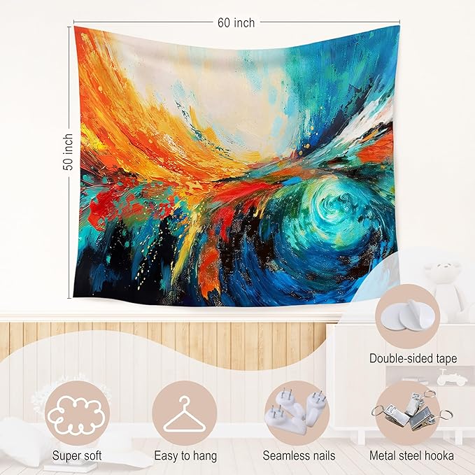 WARDOS Modern Abstract Tapestry, Colorful Modern Tapestry Wall Hanging, Blue and Orange Abstract Wall Blanket Decor for Home Living Room Bedroom, 50x60 Inch