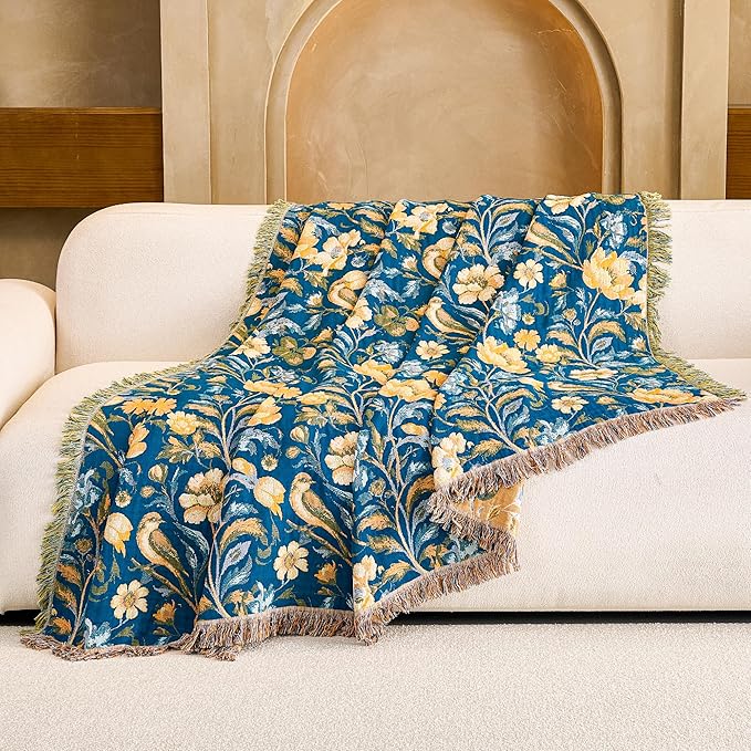 Boho Throw Blanket, 100% Organic Cotton Breathable Ultra Soft 50" x 60" Bed Quilt Blue Throw - All Season Bird Floral Rustic Farmhouse Decor Reversible Blanket for Couch Chair and Gift